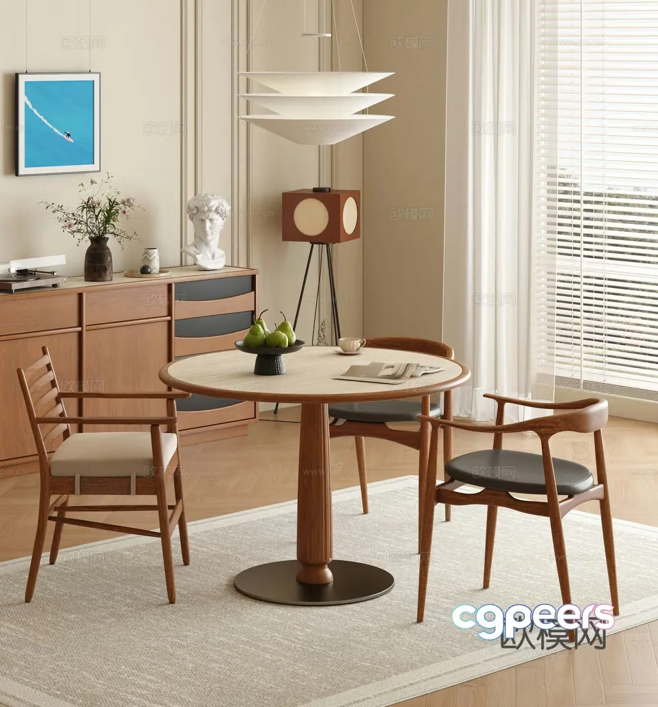 Retro medieval dining table and chairs Round dining table and chairs Medium style restaurant Solid wood sideboard Solid wood round dining table 3D model