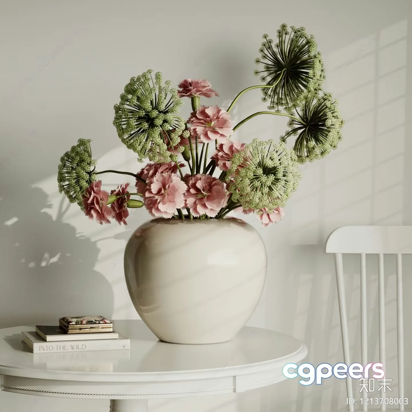 A White Vase With Pink And Green Flowers 3D Model – 6925 – VRAY Render