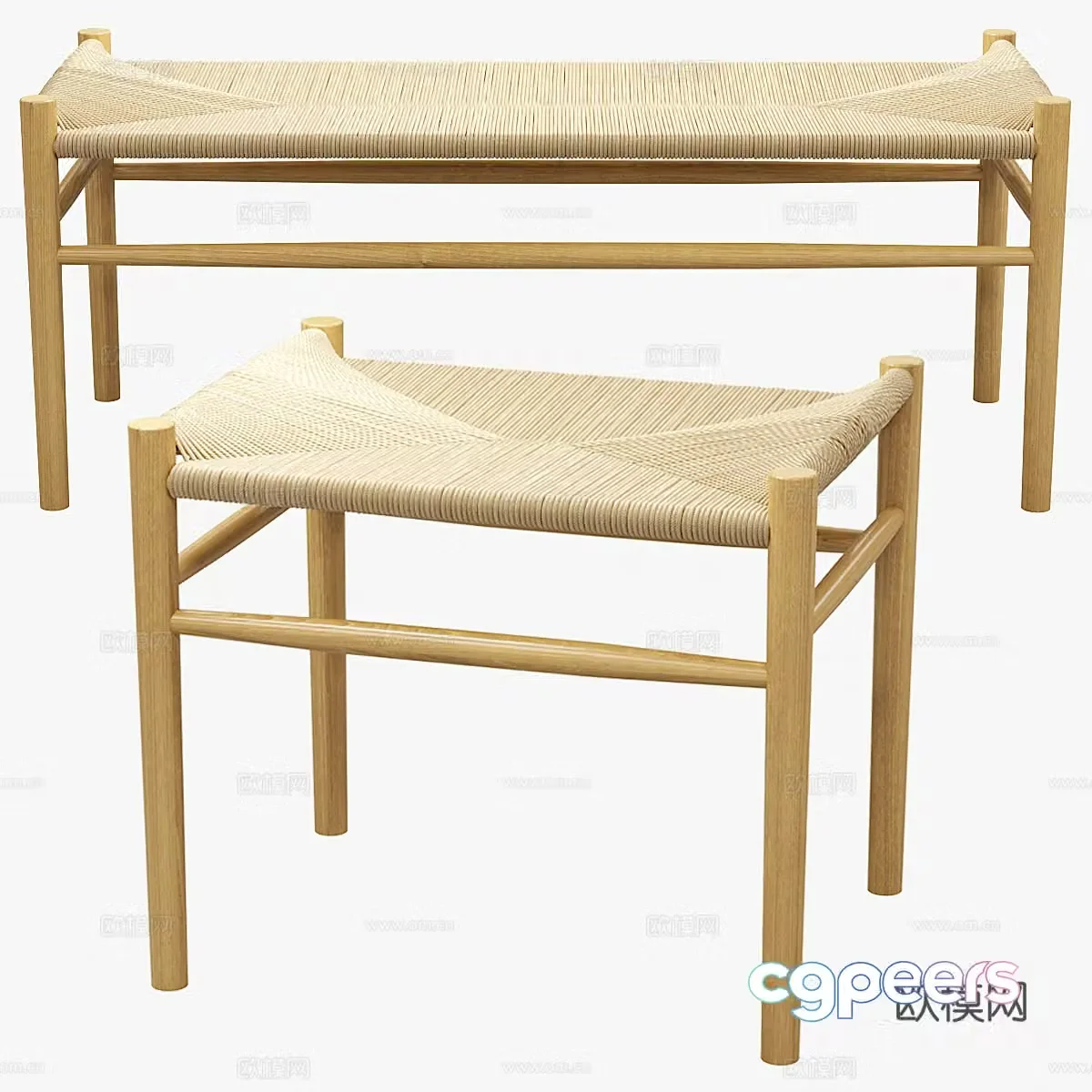 New Chinese style rattan bench shoe changing stool strip stool 3D model