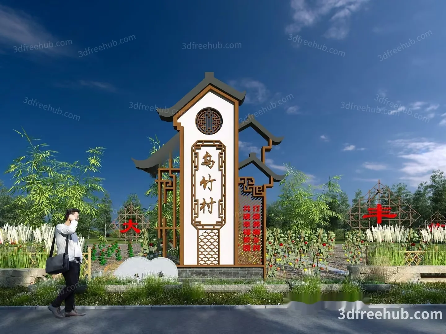 A Man Walking On A Sidewalk In Front Of A Garden With A Large Sign 3D Model – 769 – VRAY Render