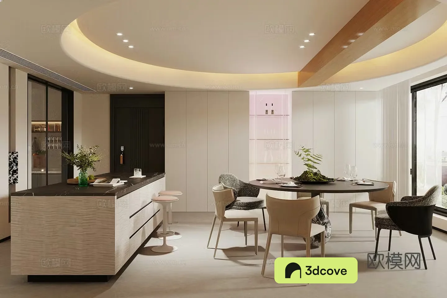 Modern light luxury home restaurant Round table restaurant Island restaurant Open restaurant Light luxury restaurant