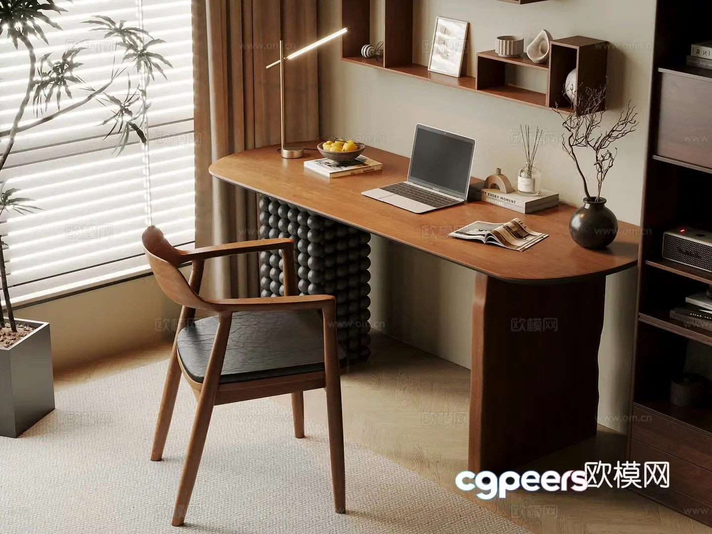 Middle-aged style desk and chair solid wood computer desk and chair writing desk study desk and chair solid wood single chair bookcase 3D model