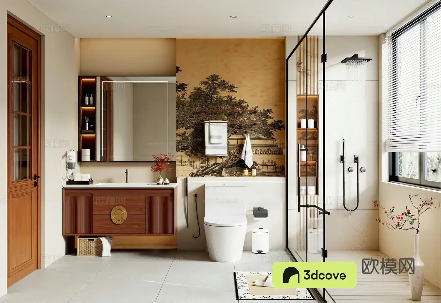 New Chinese Song style bathroom New Chinese style bathroom cabinet Bathroom door Shower Toilet Bathroom