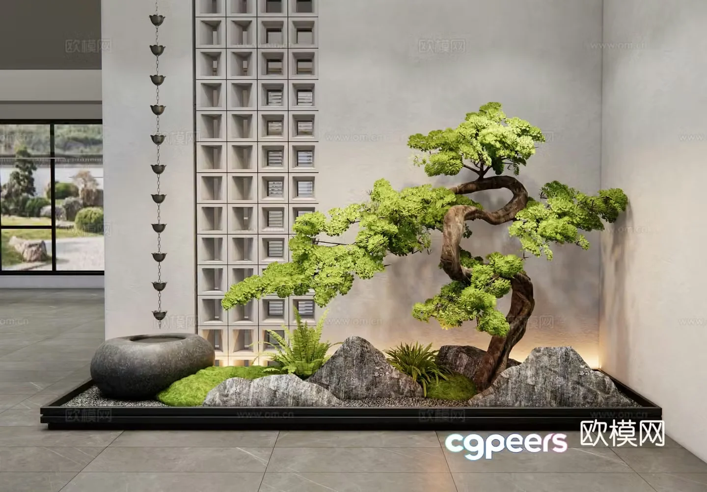New Chinese-style plant pile landscaping pine trees Shoushan stone 3D model