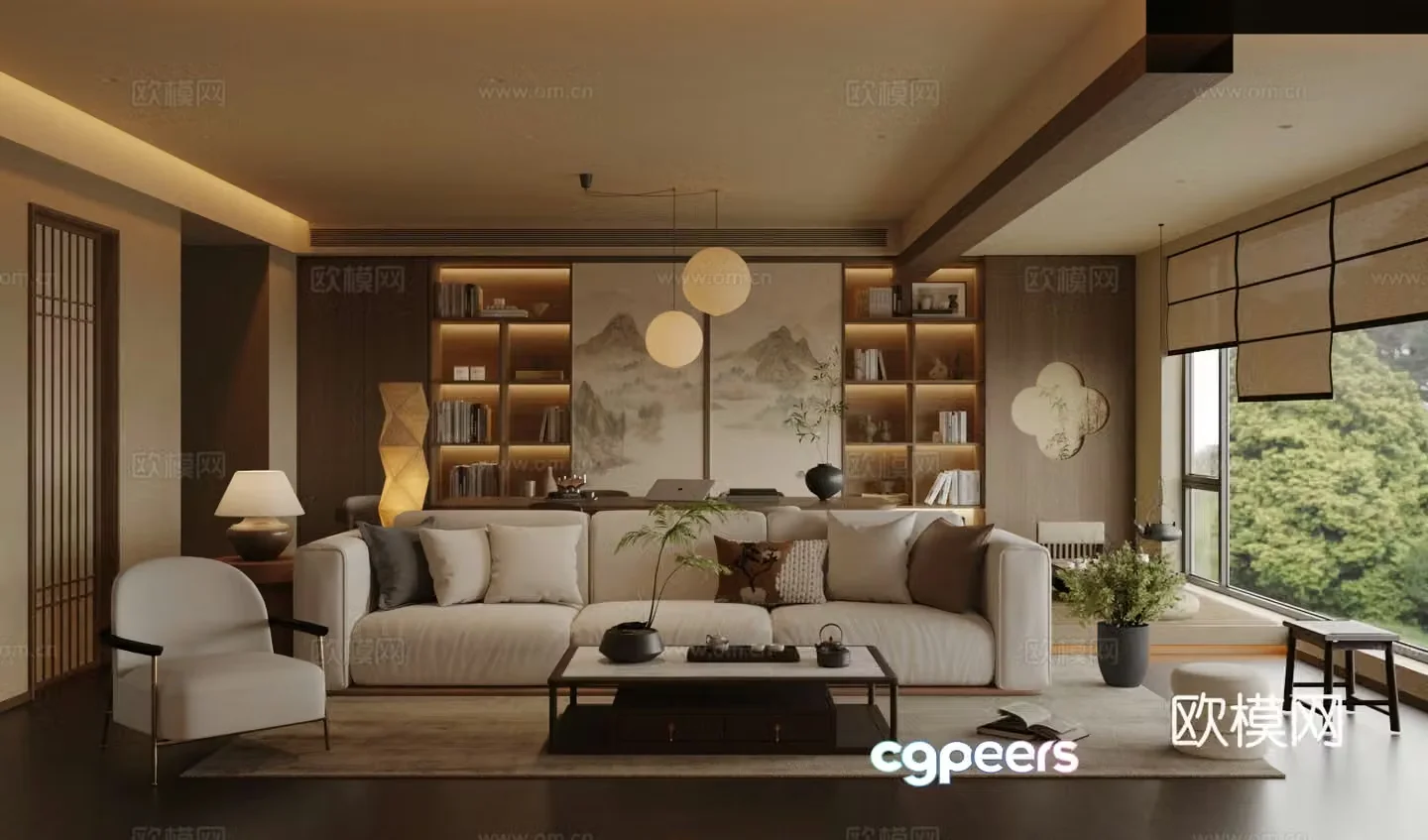 New Chinese Zen Living Restaurant Chinese Song Living Room Chinese Sofa Coffee Table Combination Sideboard 3D Model
