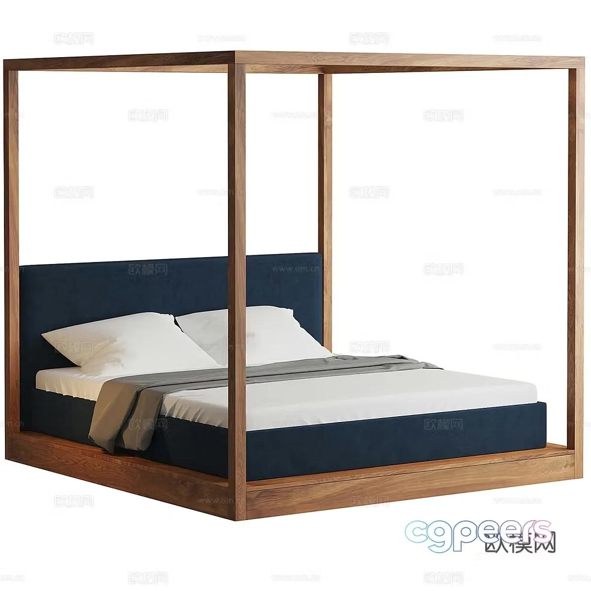 Nordic simple double bed solid wood bed 3d model