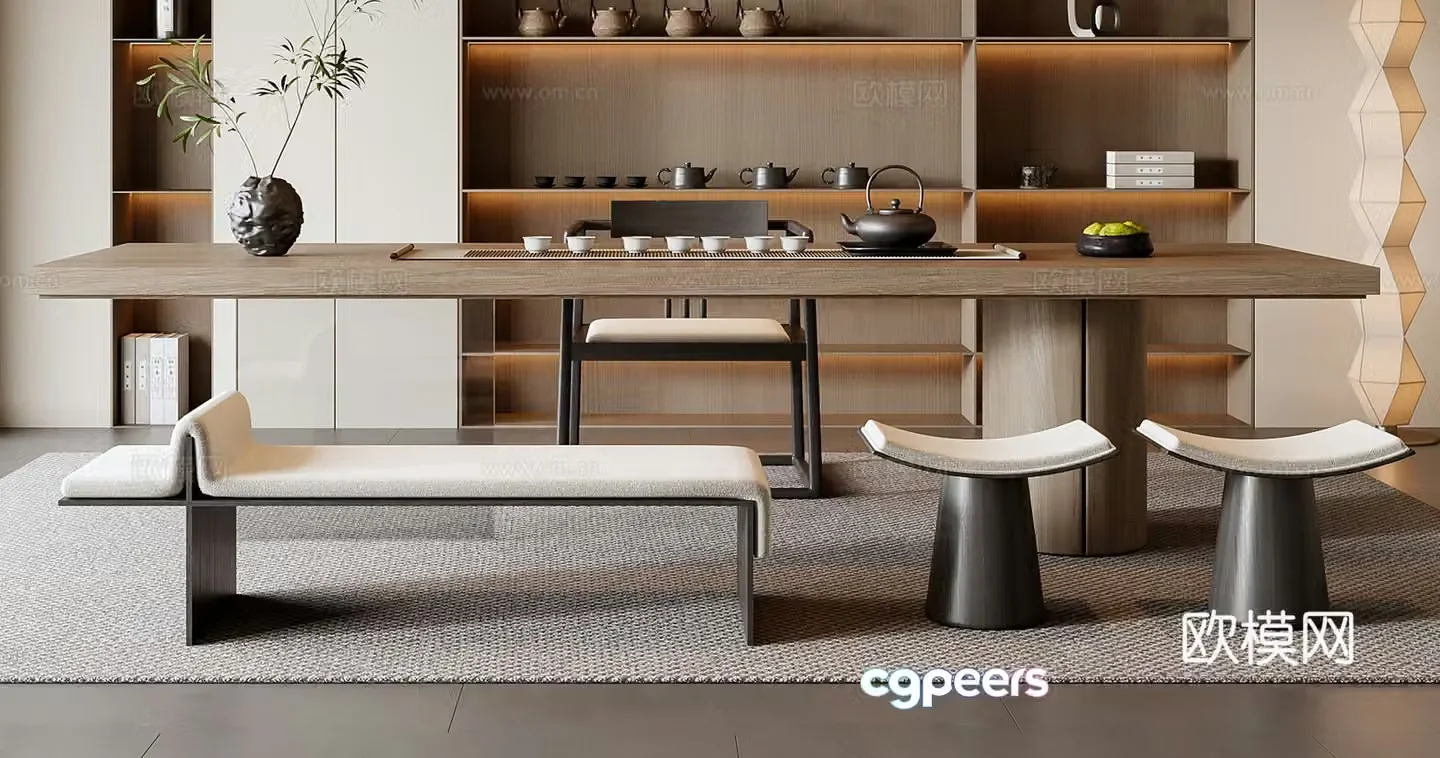 New Chinese-style tea table and chair combination 3D model