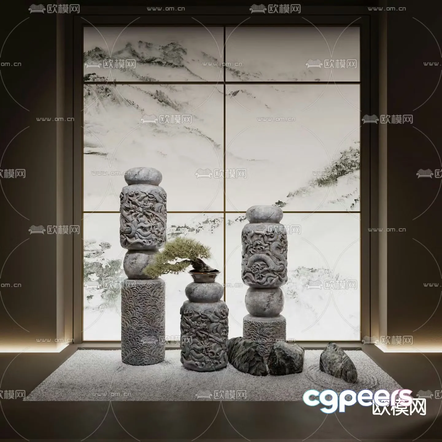 New Chinese style carved stone pillar Shuanma stone 3D model