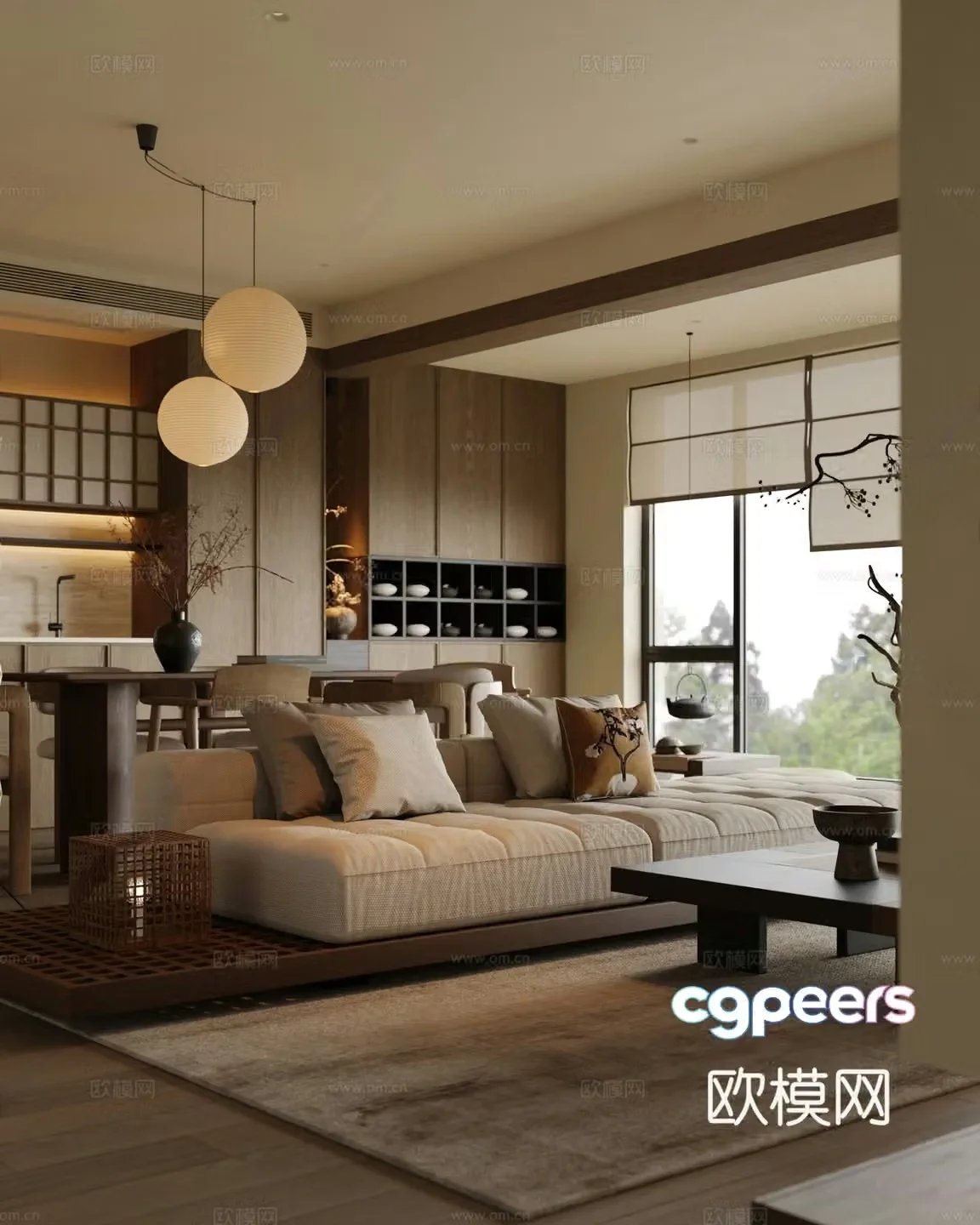 Zen New Chinese Style Home Living Room Zen Living Dining Song Living Room Non-Light Living Room Horizontal Hall 3D Model