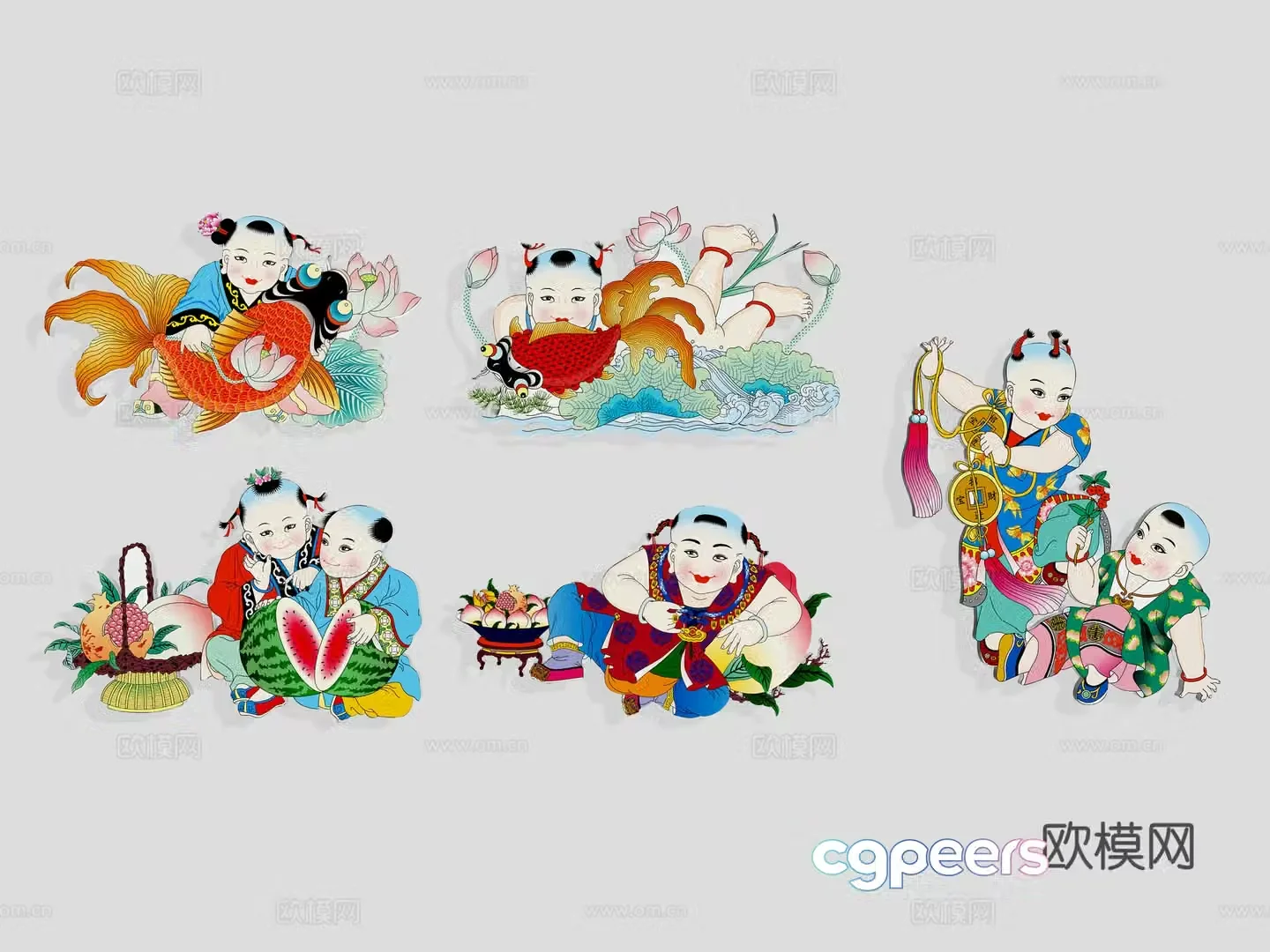 New Year painting auspicious and wealthy children boys tradition hand-painted wall decoration decoration elements symbols 3d model
