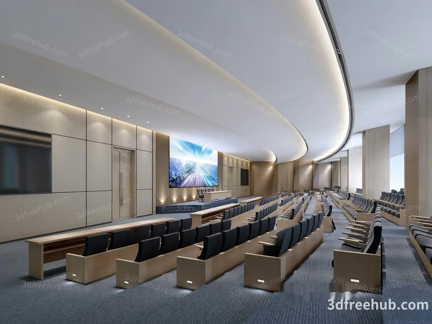 A Large Auditorium With Rows Of Seats And A Screen 3D Model – 22456 – VRAY Render