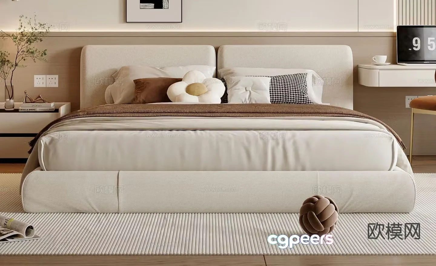 Cream style double bed 3d model