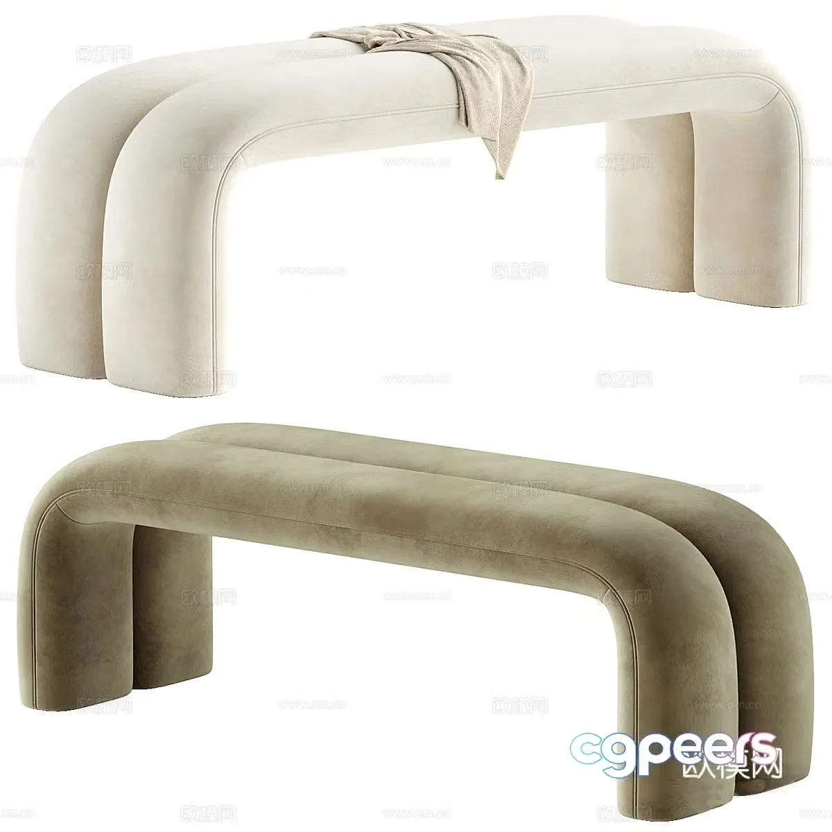 Modern cream style fabric bench tail stool 3D model