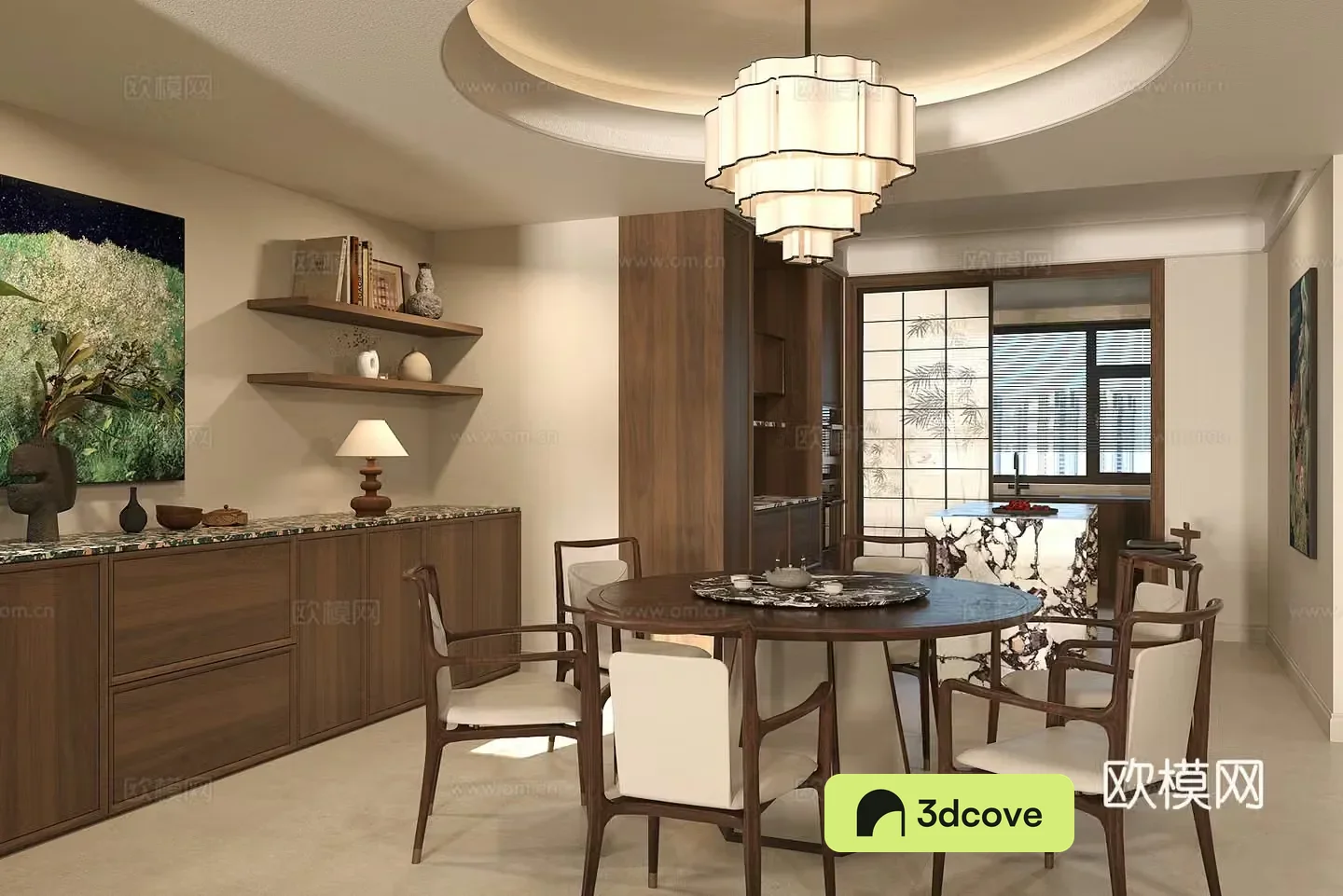 Middle-aged home restaurant dining table and chair combination water bar bar stool open restaurant kitchen 3D model