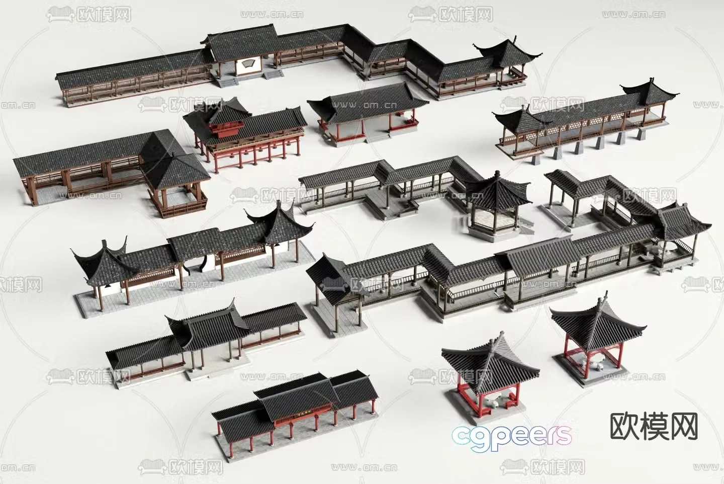 Chinese-style promenade corridor corridor four-corner pavilion 3D model