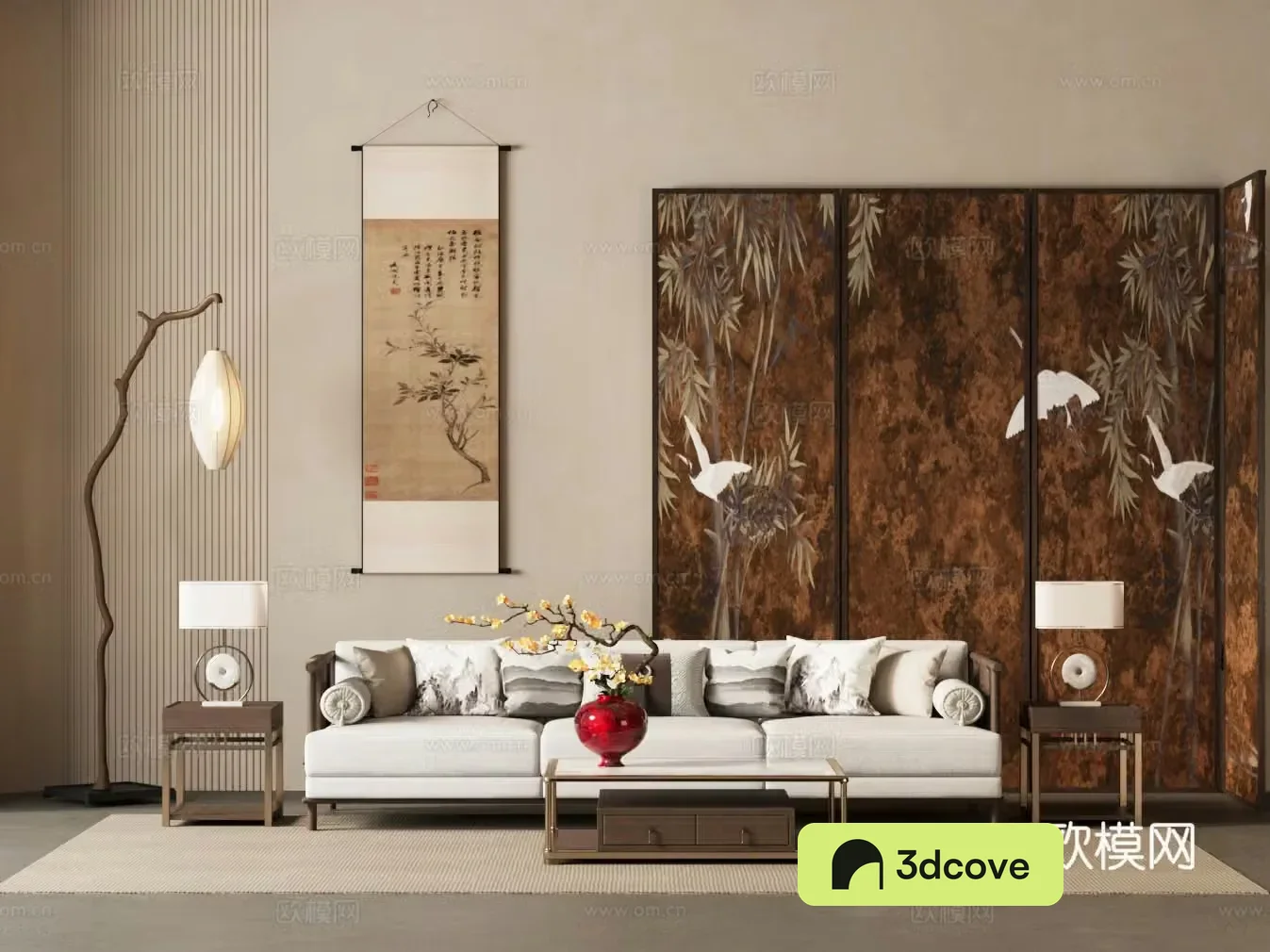 New Chinese living room small living room folding screen floor lamp sofa coffee table combination
