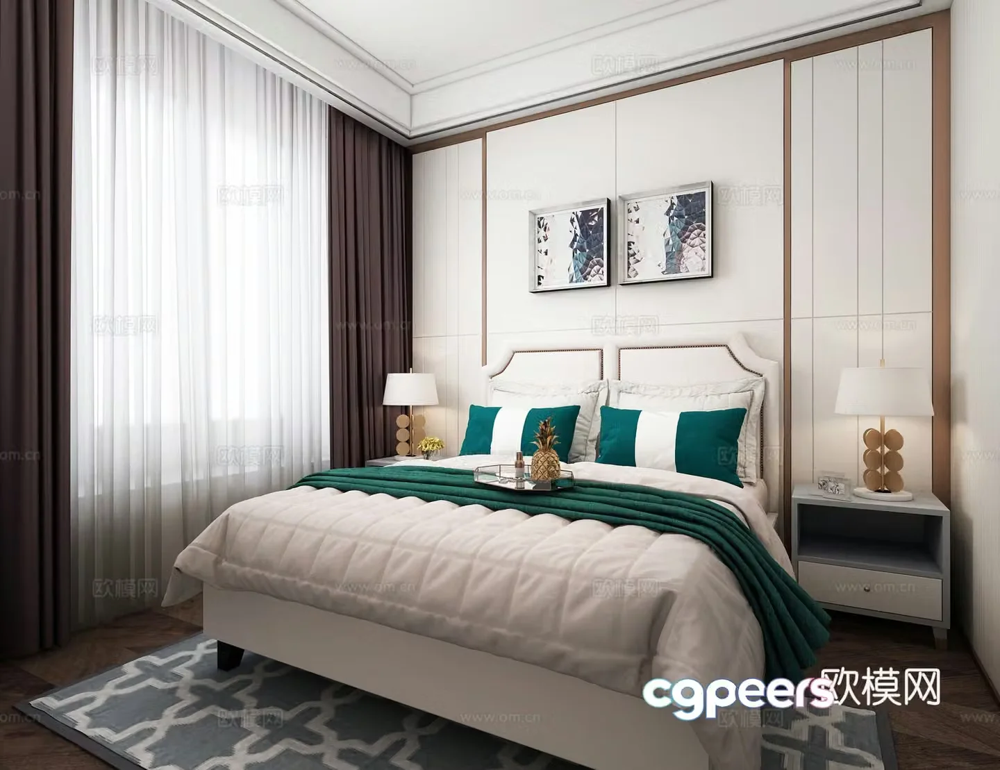 Modern bedroom double bed desk lamp bedside table hanging painting hanging painting wall lamp 3d model