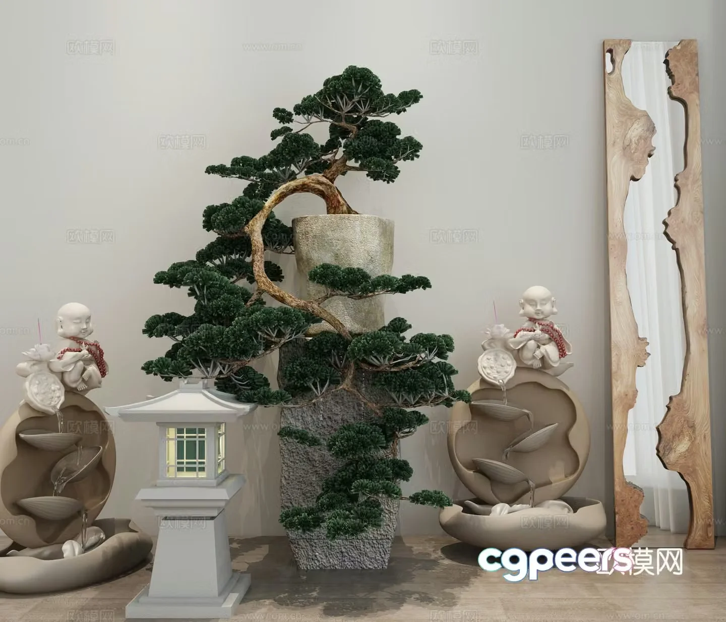 New Chinese style flowing water sculpture Bonsai Stone lamp Old wood Large board parts 3D model