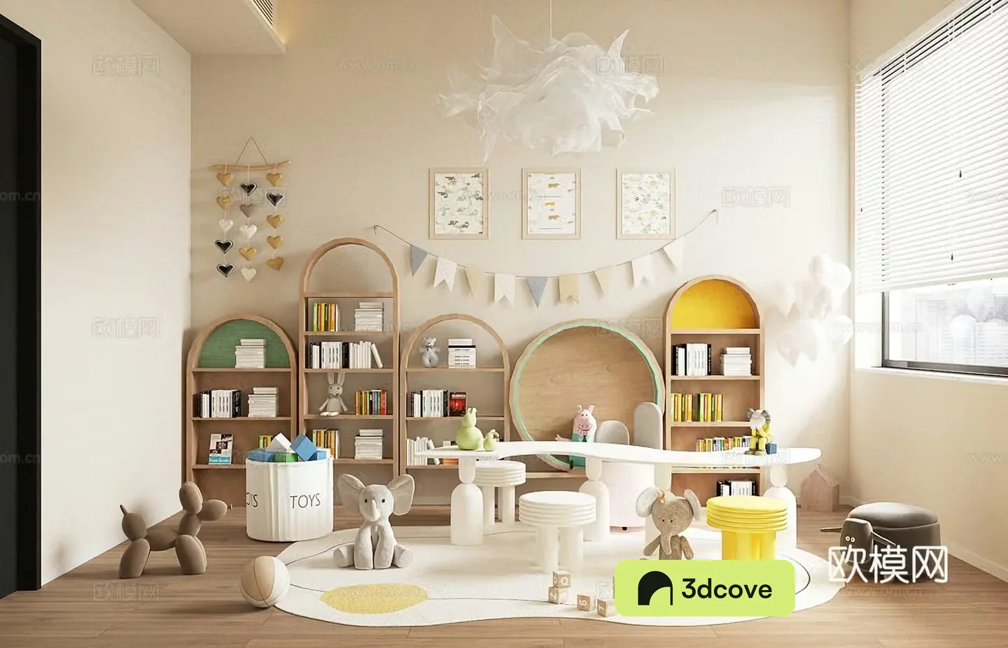 Modern children’s entertainment room Toy room Children’s bookcase Children’s activity table and chairs Toy doll combination