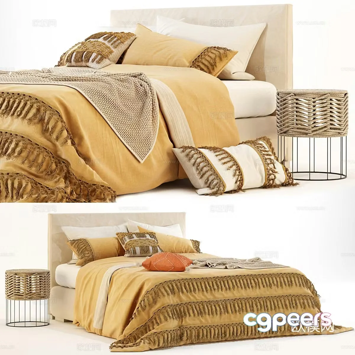 Nordic log style fabric double bed 3D model