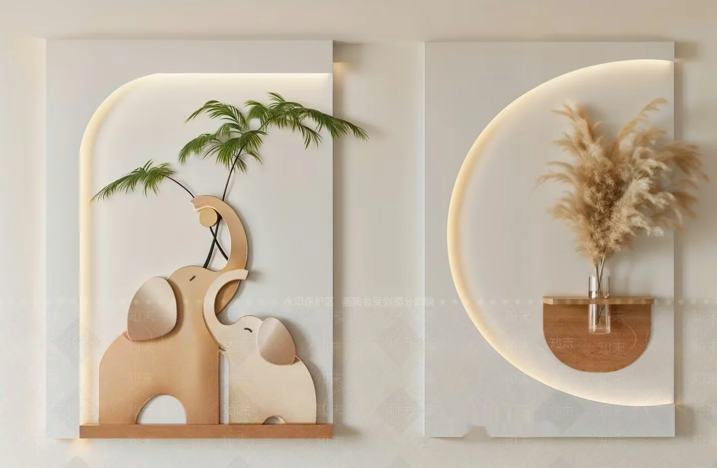 A Wall Decoration With Two Wooden Elephants 3D Model – 15845 – CORONA Render