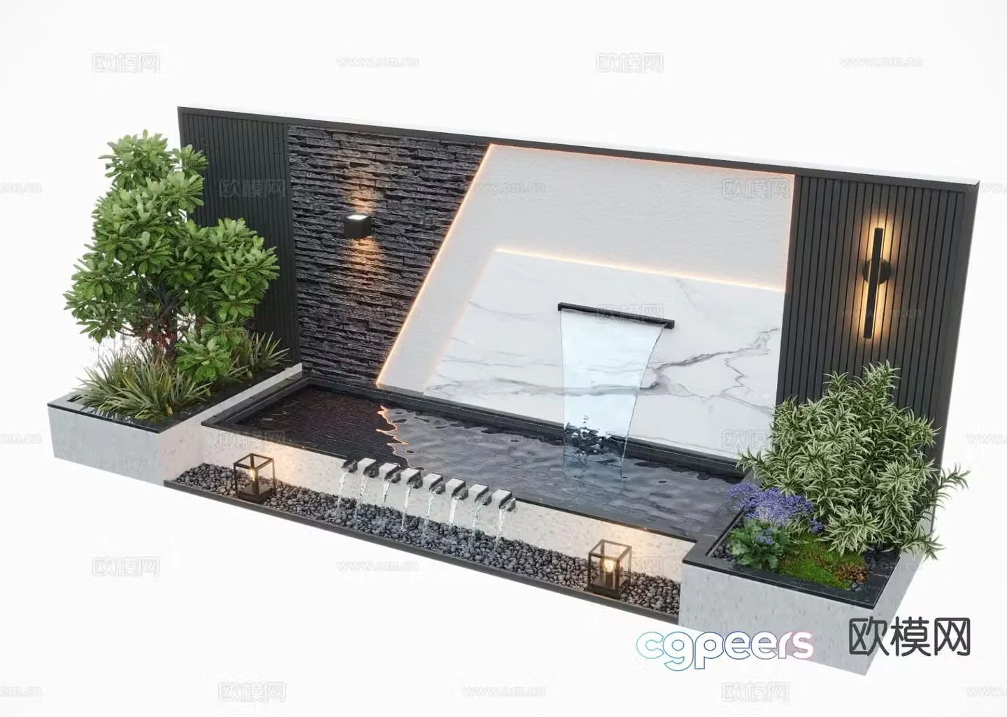 New Chinese style water feature wall courtyard water feature flowing water sketch 3D model