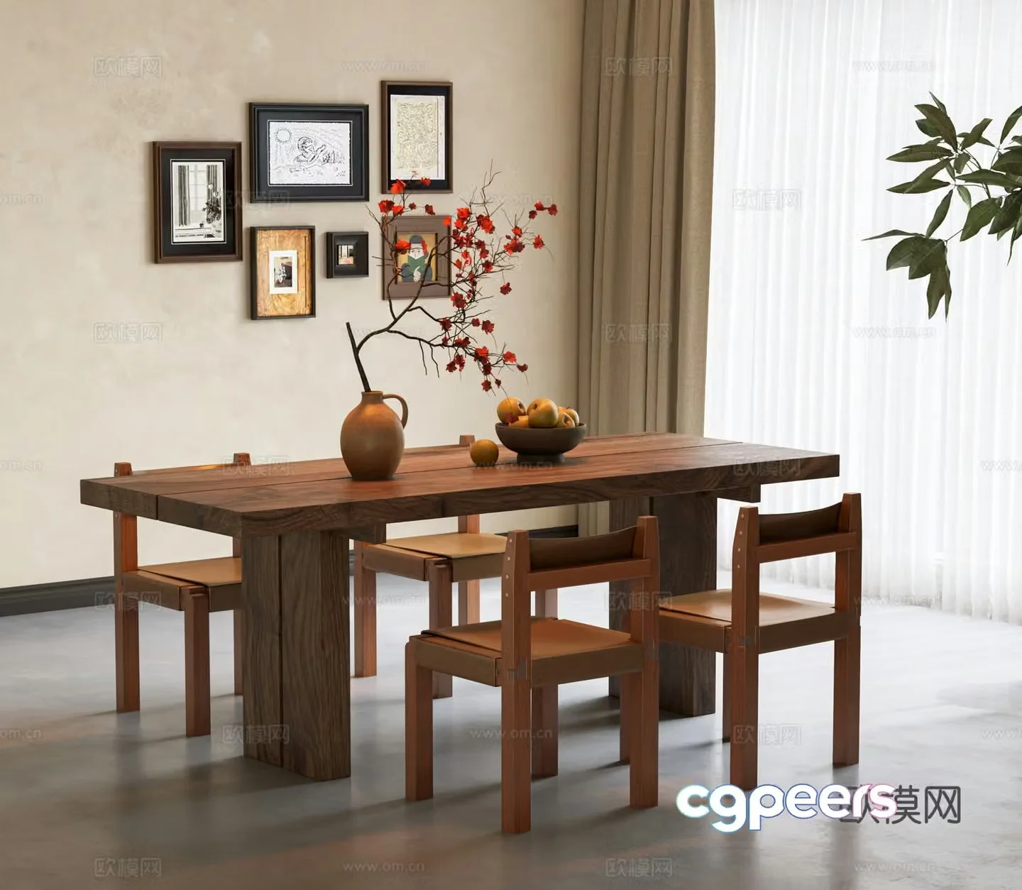 Wasabi Medium Style Dining Table and Chair Combination Solid Wood Dining Table Wood Dining Chair Long Dining Table Medium Style Dining Table 3D Model