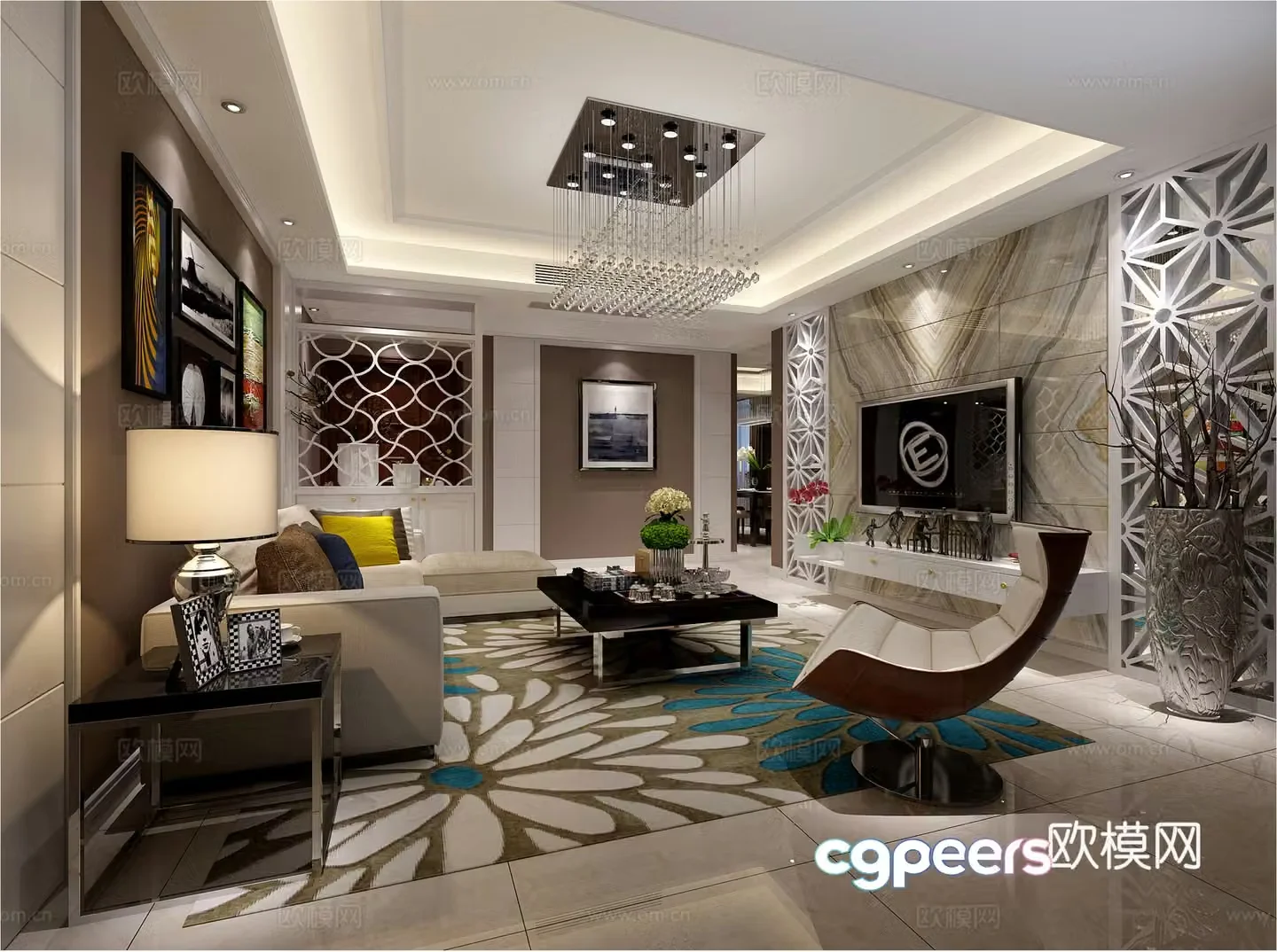 Simple and modern living room sofa coffee table carpet chandeliers ornaments TV cabinet electric 3D model