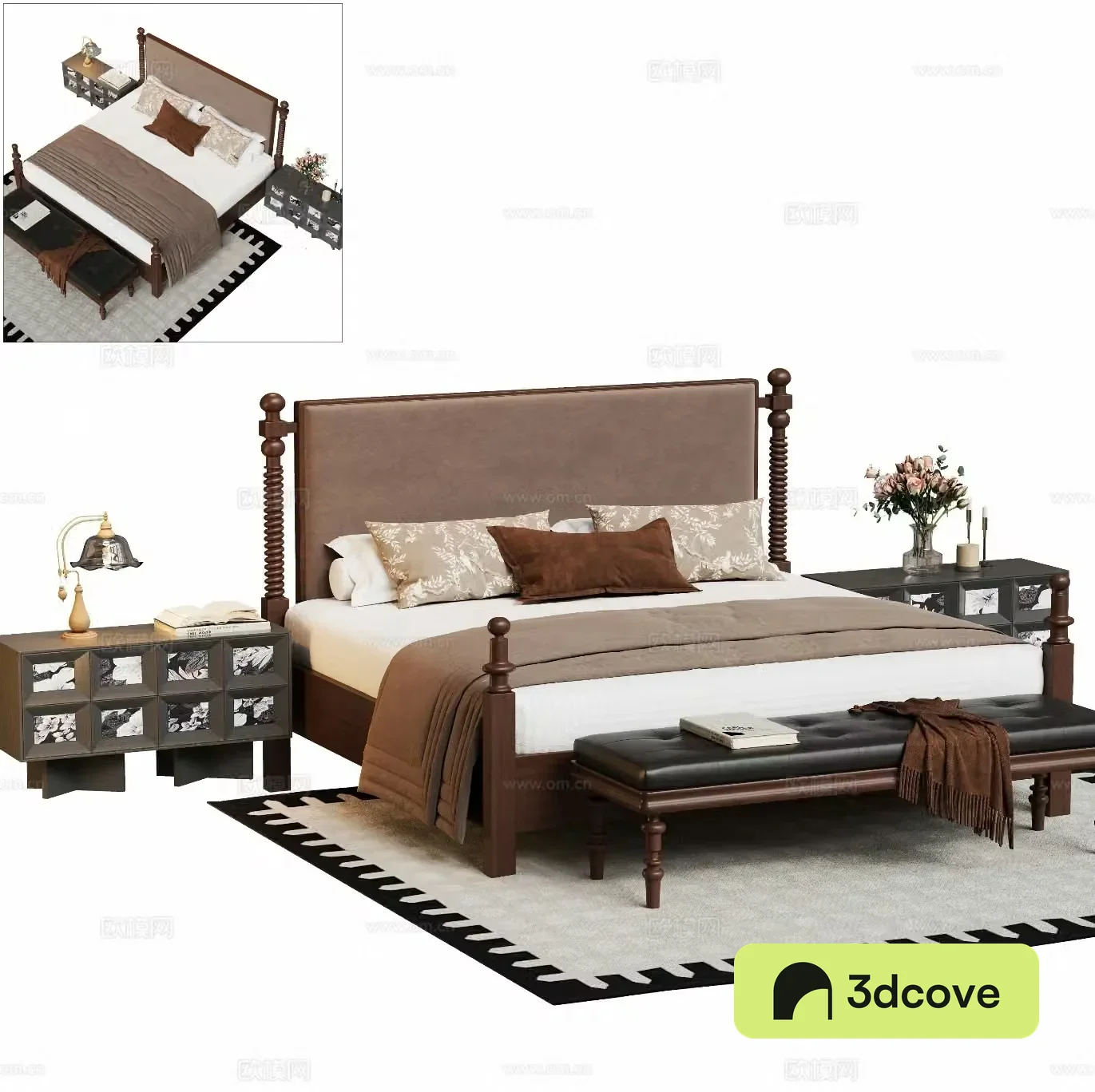 Medium style double bed combination ornament 3D model