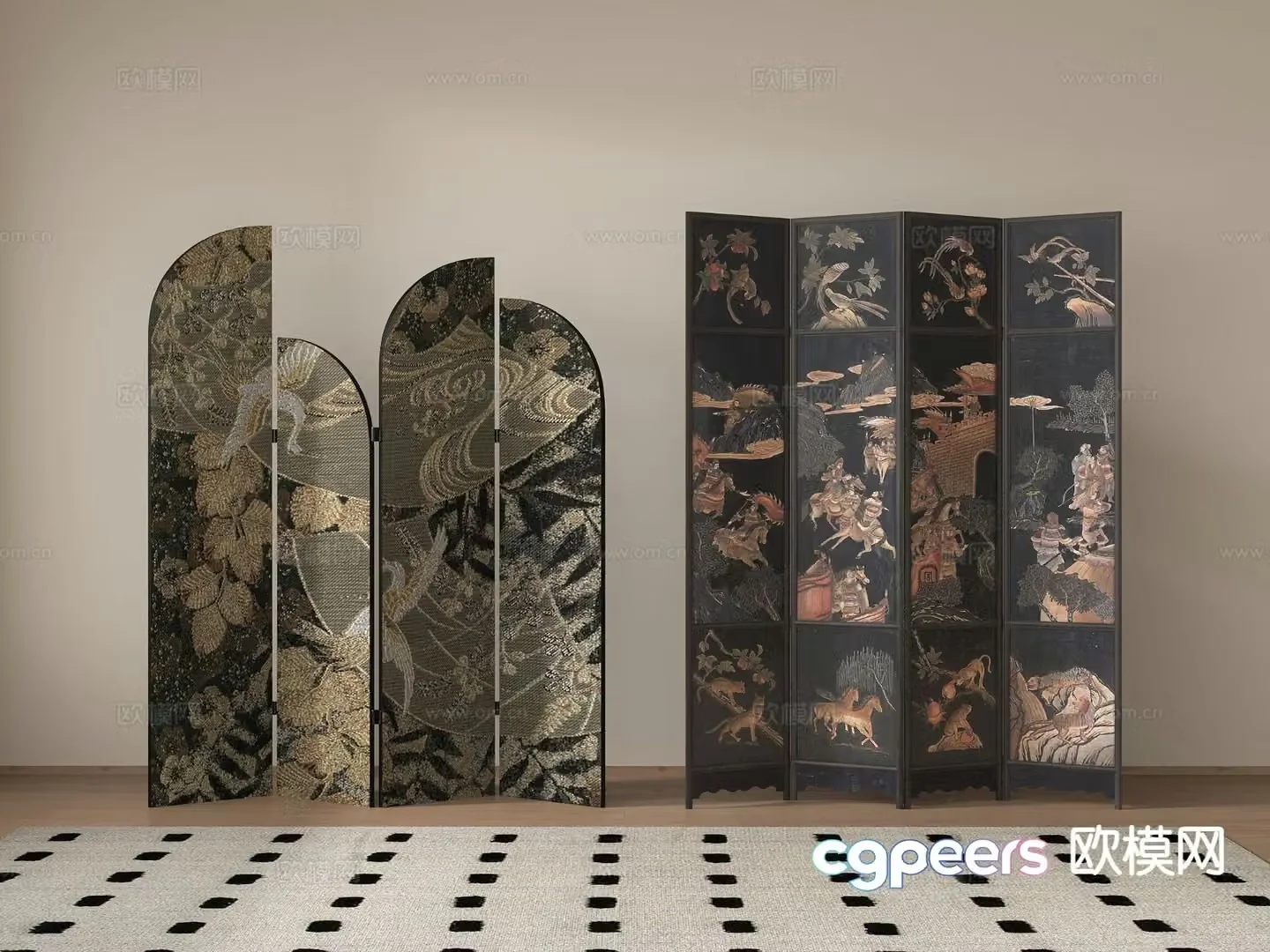 Middle-aged wooden screen folding screen ancient painting screen 3d model