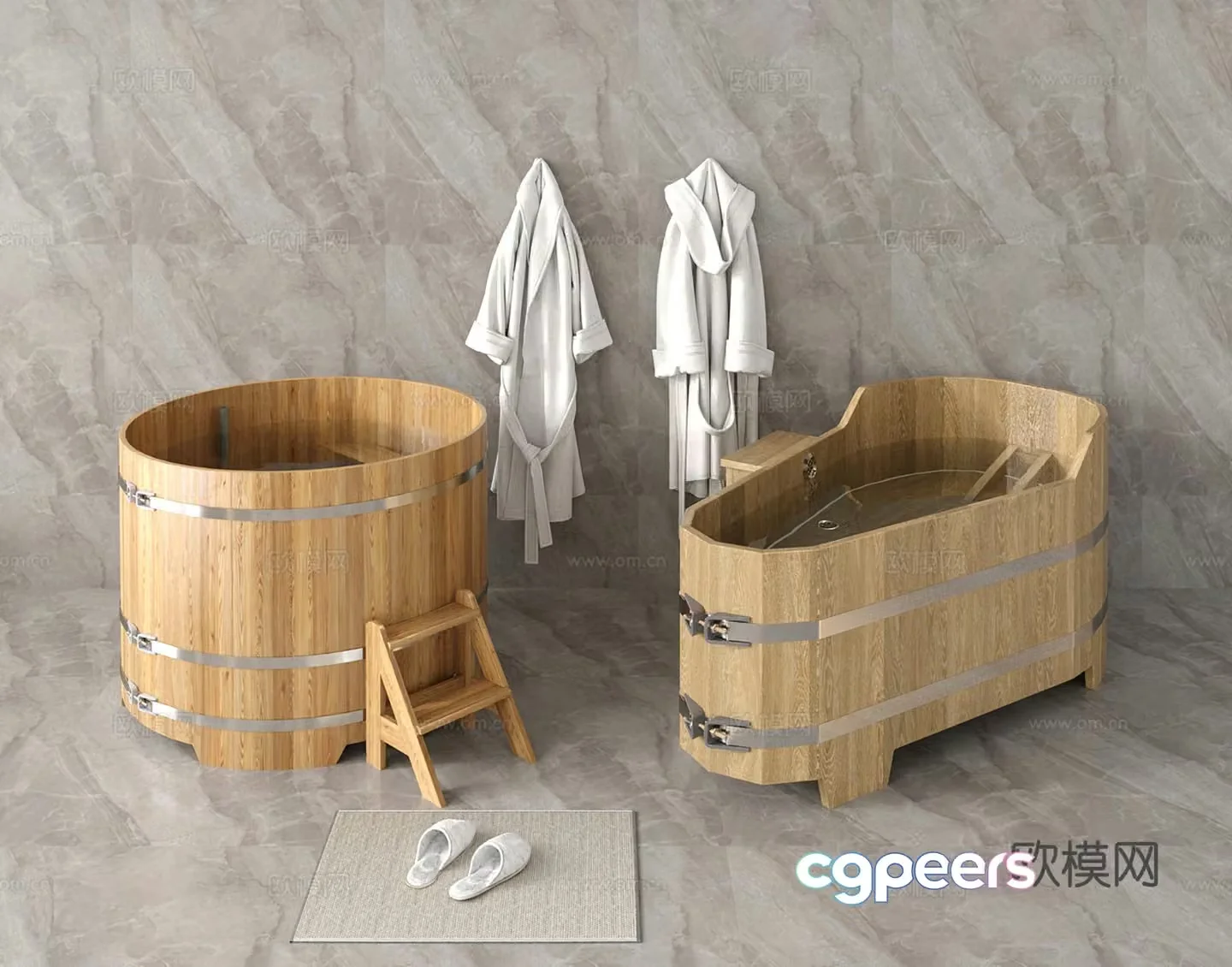 Modern wooden barrel bathtub bathtub bathtub bathtub bathrobe 3d model
