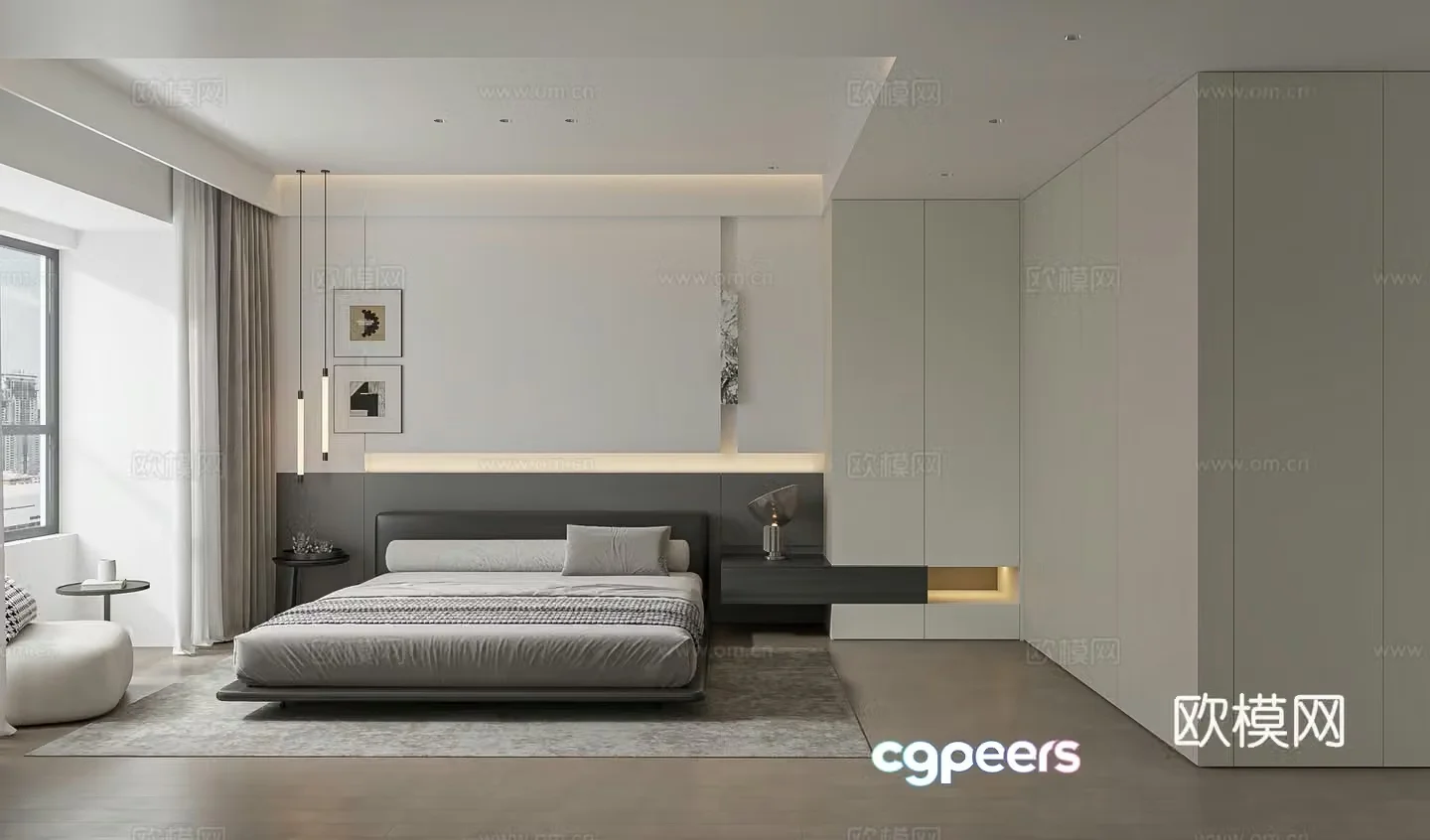 Modern minimalist black white and gray master bedroom 3d model