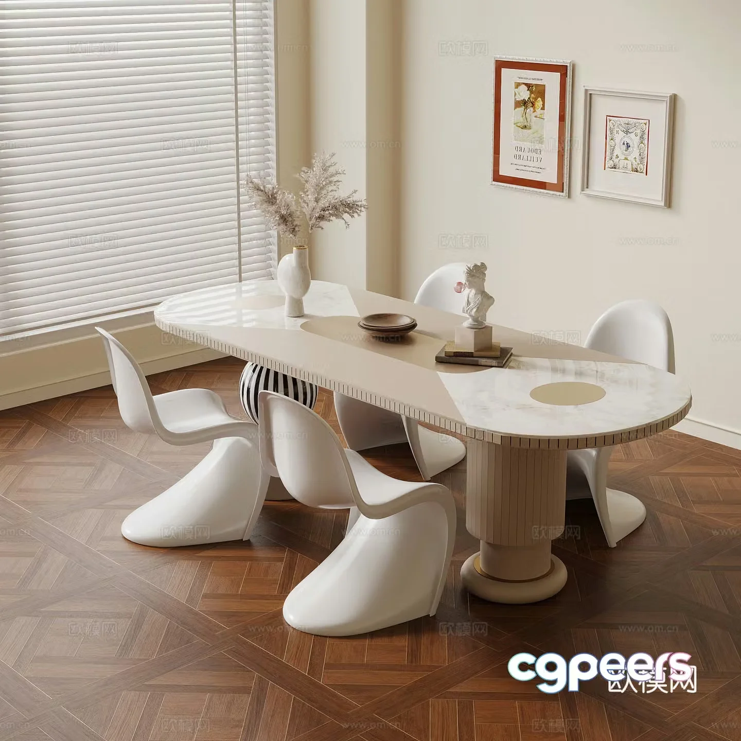 Dining table and chair French cream style dining table and chair 3d model