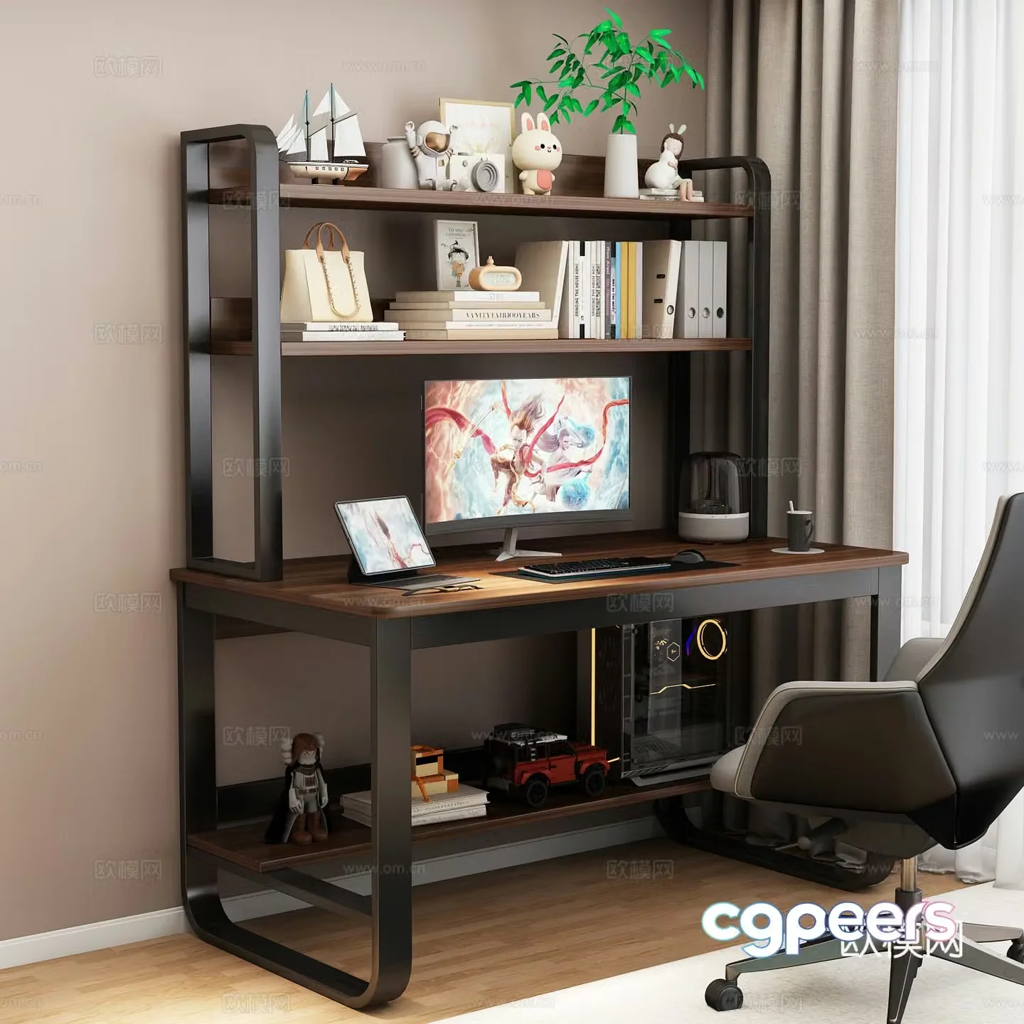Modern simple computer desk desk shelf 3D model