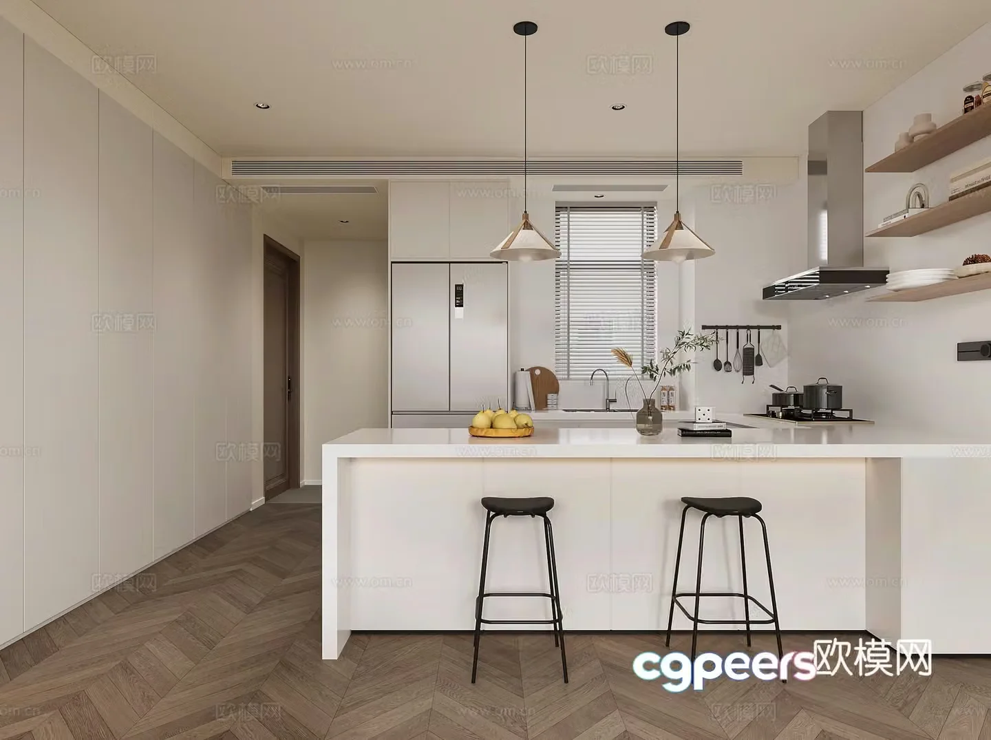 Modern open kitchen bar island simple modern kitchen western kitchen chandeliers 3d model