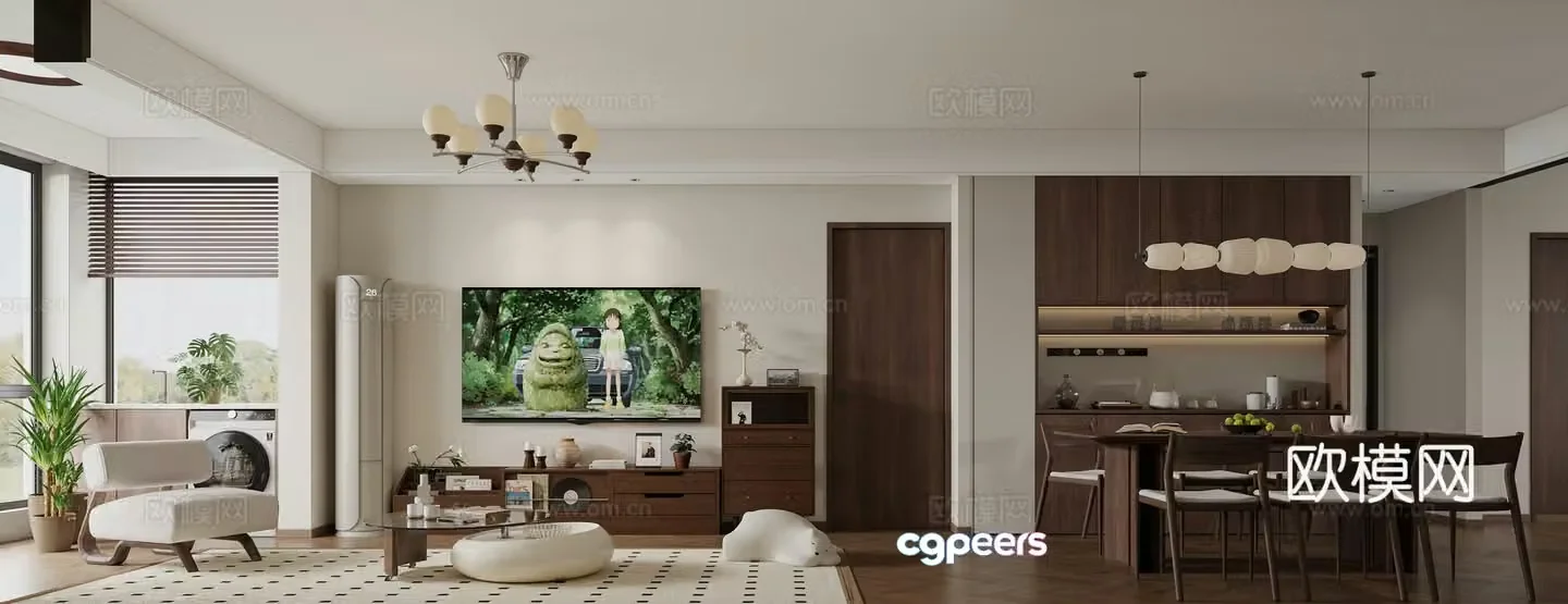 Medium style living room dining room TV background wine cabinet 3d model