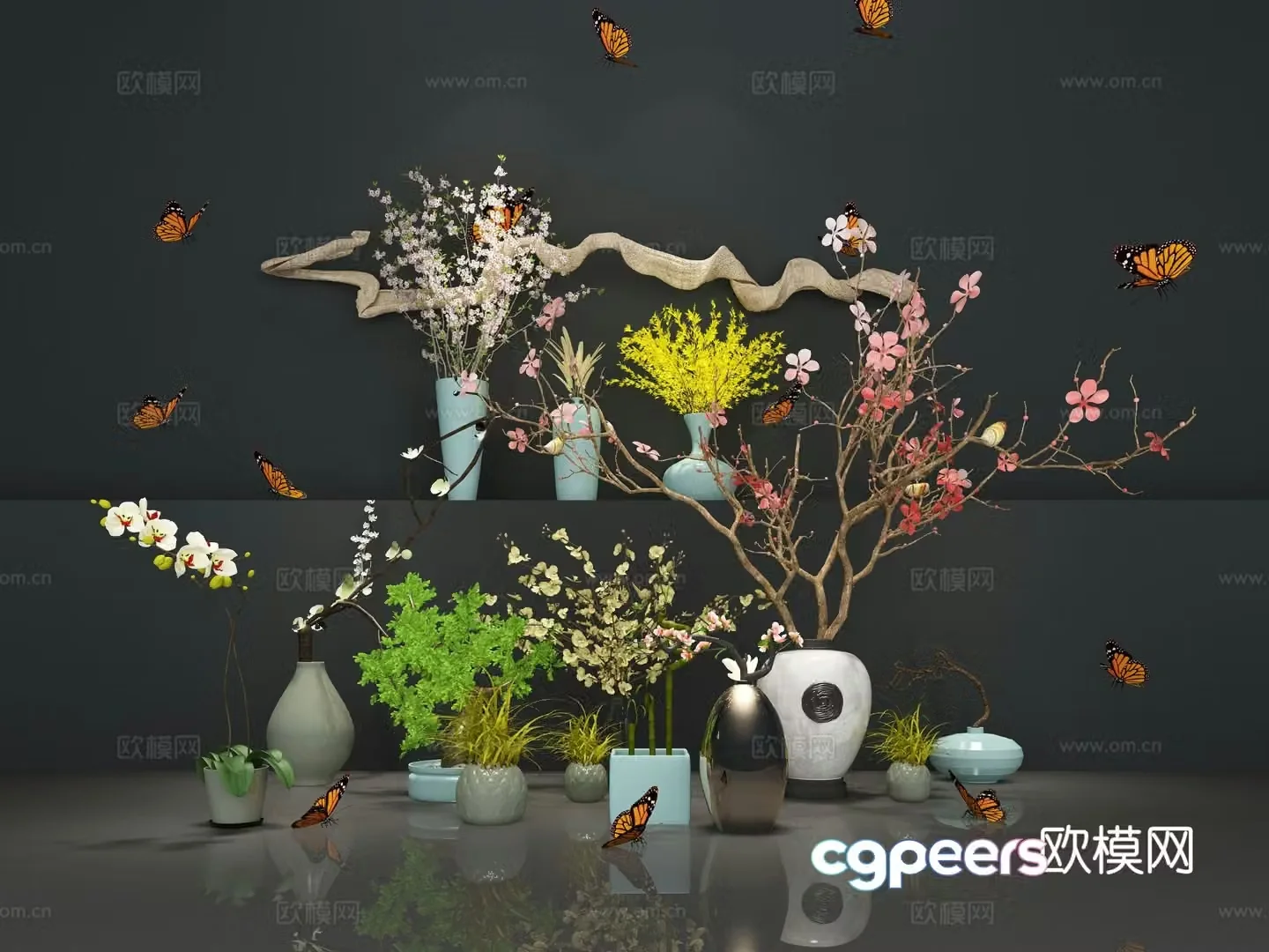 New Chinese flower arrangement vase dead branches display butterfly 3d model