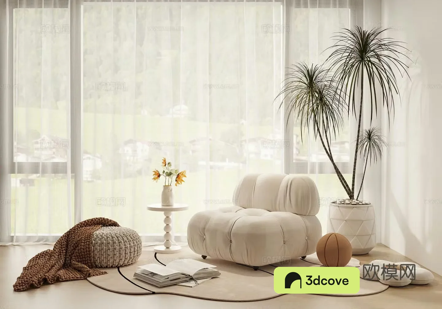Cream style leisure chair lazy sofa side several potted stool