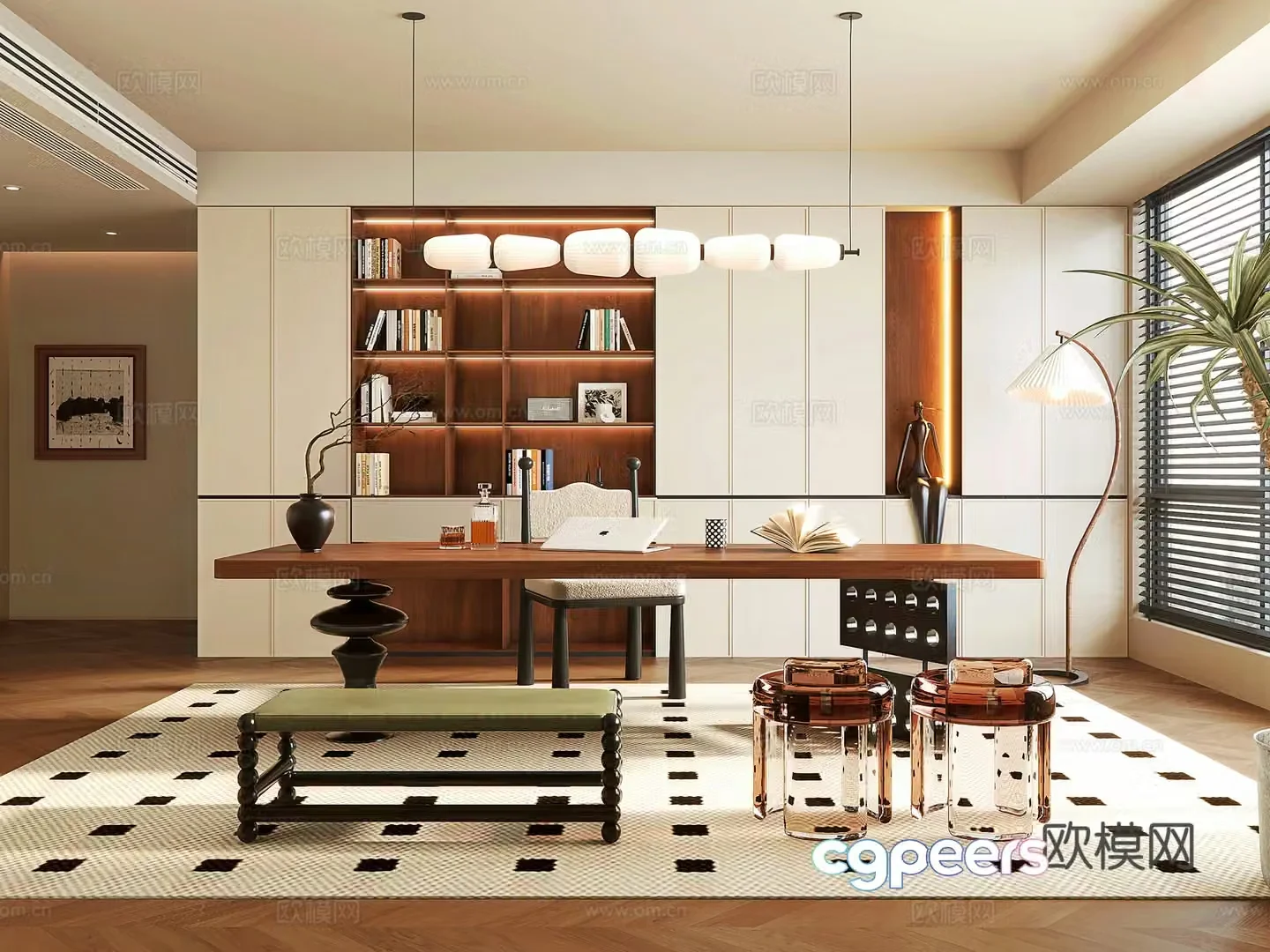 Modern medieval study modern bookcase desk chair stool book ornament combination 3d model