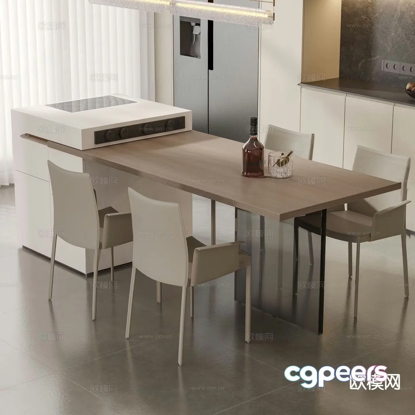 Modern island dining table and chairs 3d model