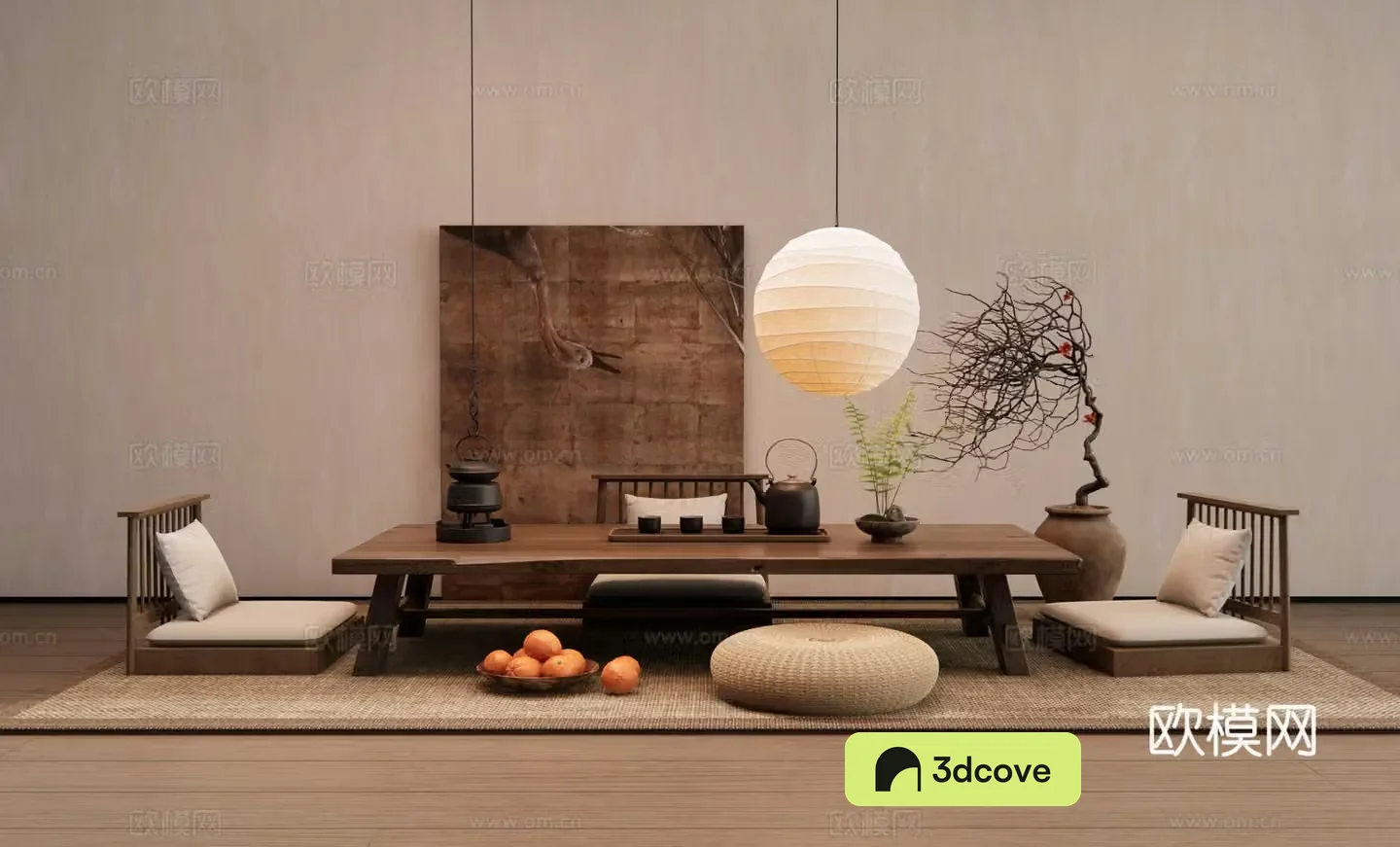 Wasabi tea table and chairs Tatami tea table and chairs Tea table and chandeliers dry branches and flower art hanging painting 3D model