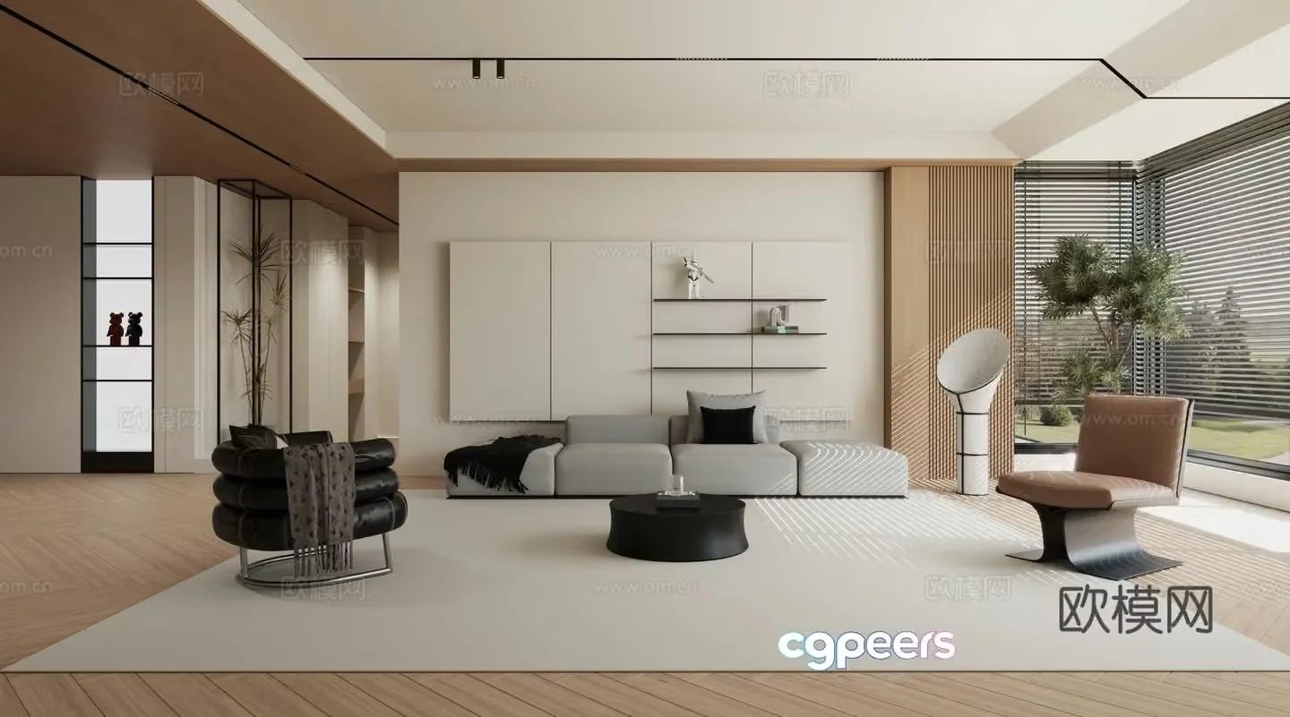 Modern minimalist log living room 3d model