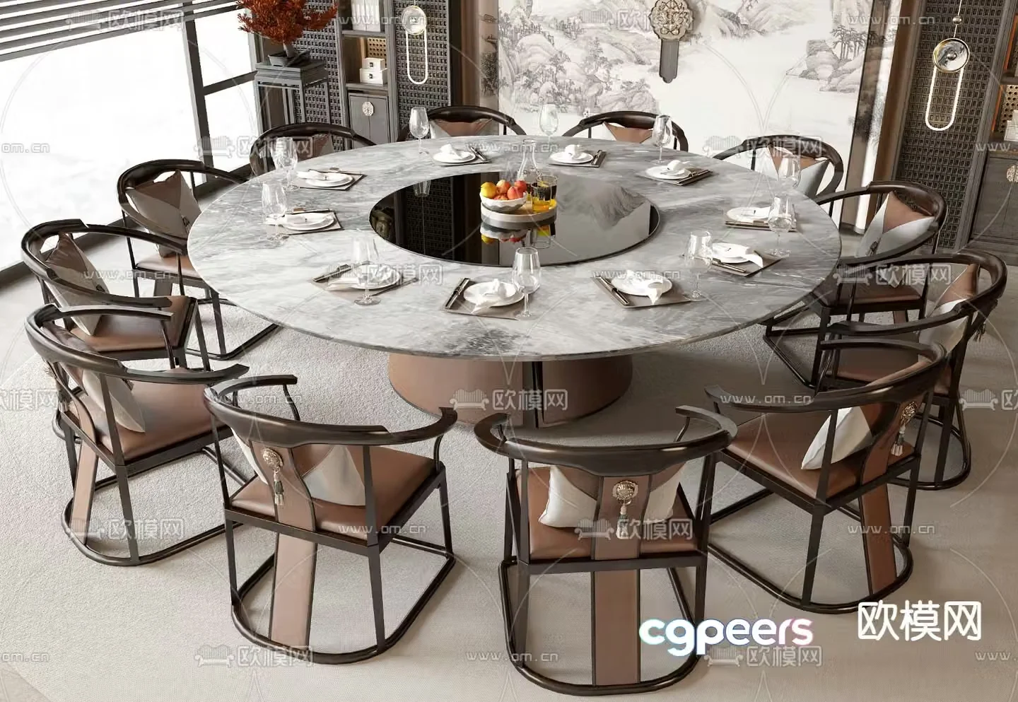 New Chinese style dining table and chairs round dining table 3d model