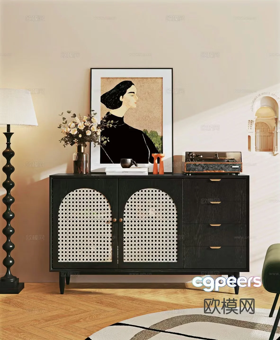 Medieval style entrance cabinet rattan cabinet 3D model