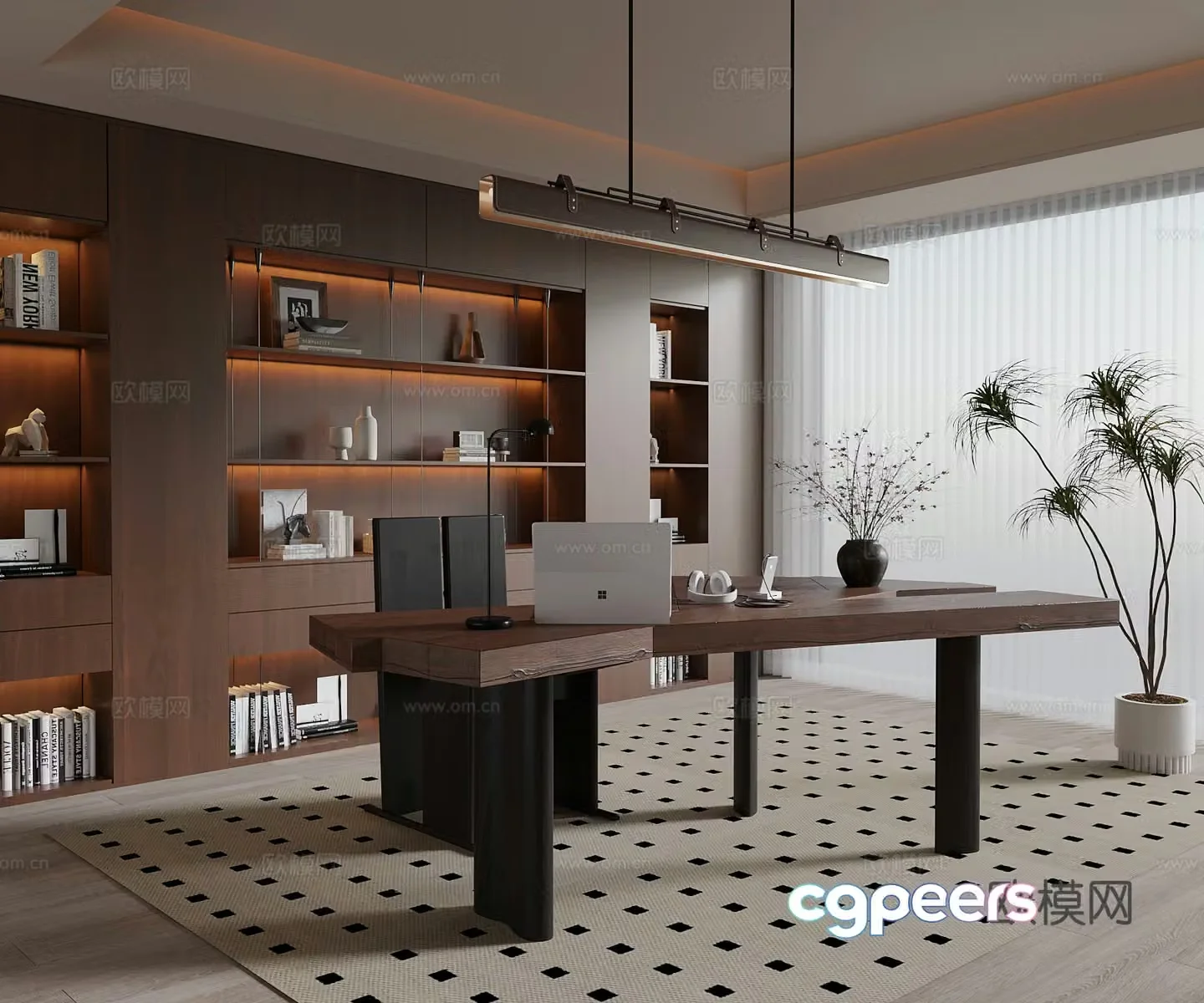 Middle-aged study room desk and chair bookcase 3d model