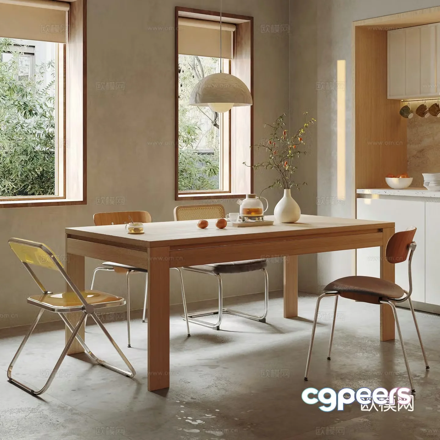 Jiji Middle-aged Home Restaurant Dining Table and Chair Combination Log Dining Table Acrylic Retro Dining Chair Ornament 3D Model