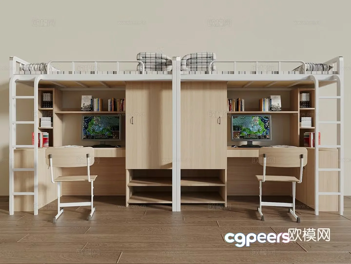 Modern log wind high and low bed bunk bed bunk bed dormitory single bed 3D model