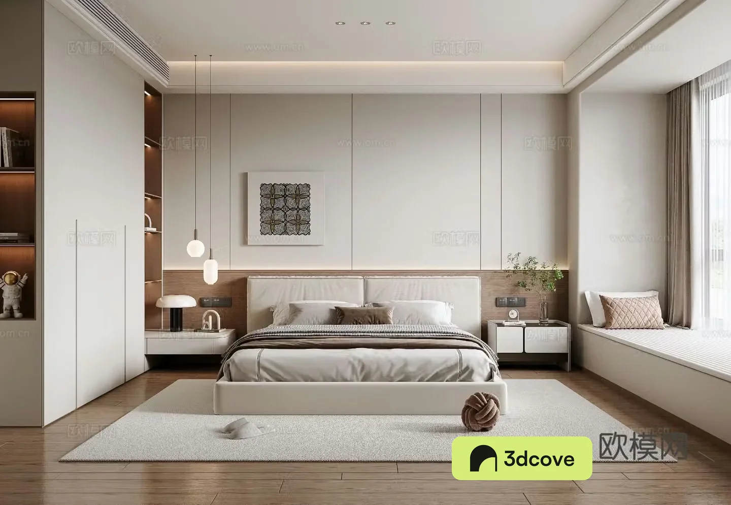 Modern home bedroom double bed vase ornament chandelier wardrobe sculpture book carpet 3d model