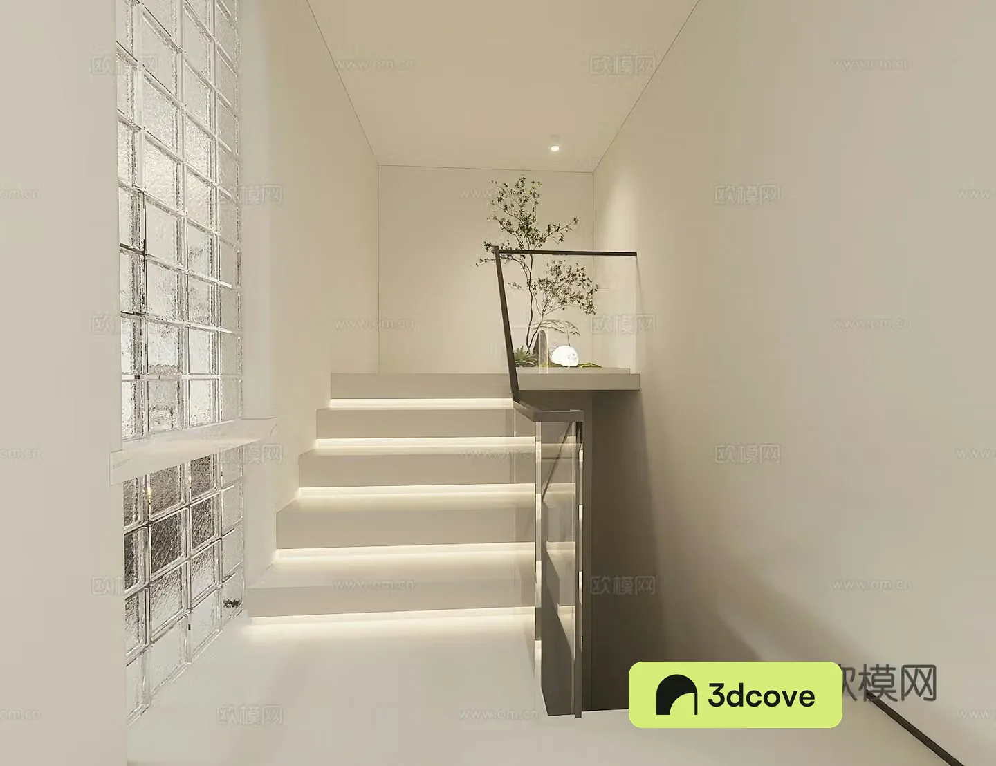 Stair landscape green plant landscaping stair handrail partition glass brick