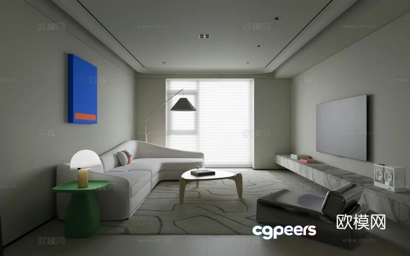 Living room sofa carpet coffee table hanging painting floor lamp 3d model